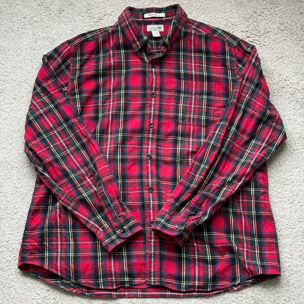 LL Bean Mens Flannel Shirt XL Red Green Plaid Traditional Fit 228061 Cotton